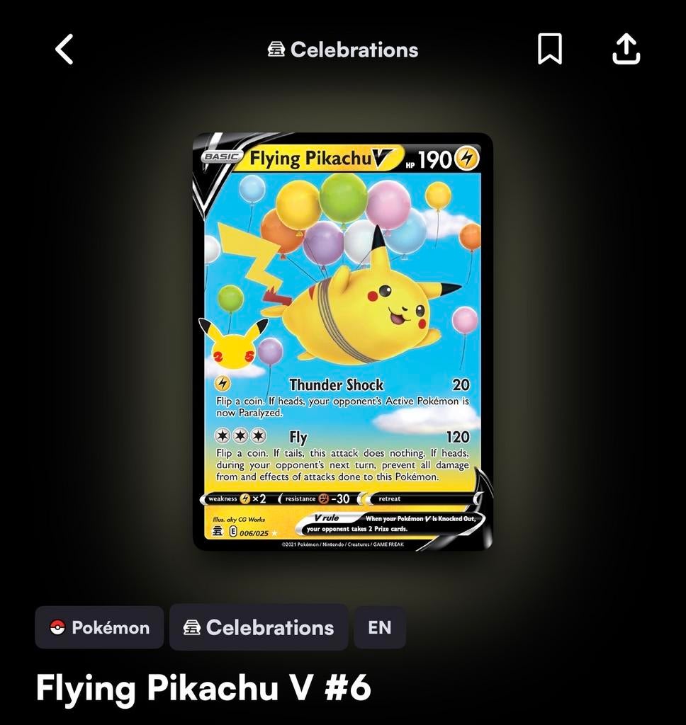 Flying Pikachu V #6 Celebrations kaart, Ophalen of Verzenden, Zo goed als nieuw, Losse kaart