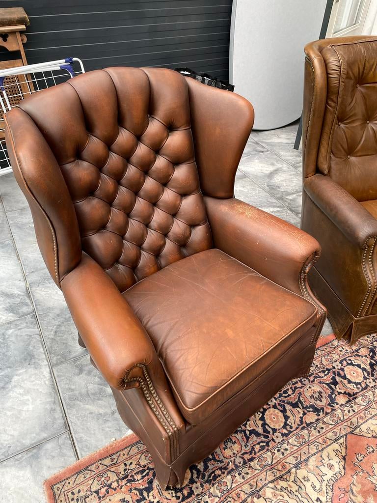 Vintage Leren Fauteuils Bruin, Ophalen, Zo goed als nieuw, 50 tot 75 cm, Leer