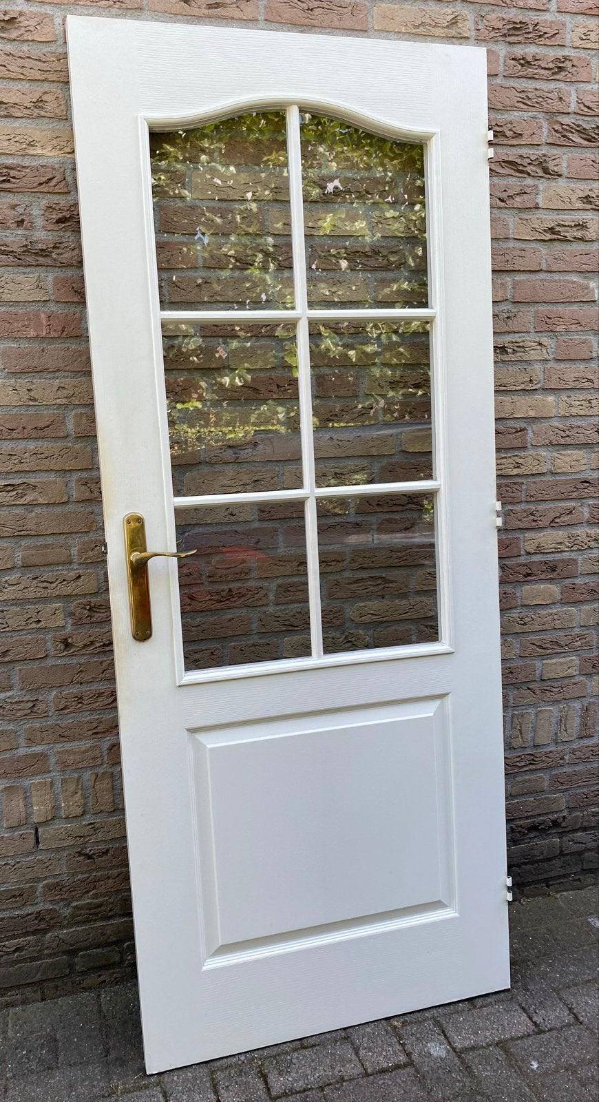 Binnendeur (stomp)met 6 glazen ruitjes en scharnieren, Doe-het-zelf en Verbouw, Gebruikt, 80 tot 100 cm, Binnendeur, Ophalen of Verzenden