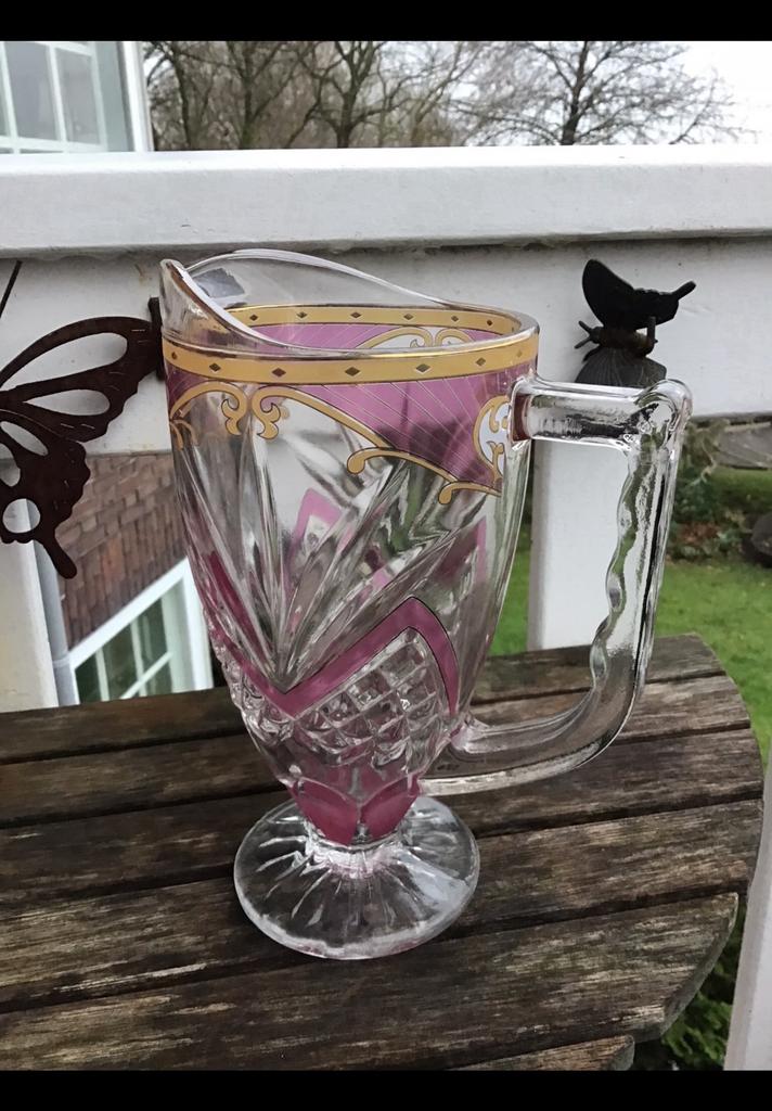 Glazen karaf dik persglas, ong 23 centimeter hoog, handgreep, Ophalen of Verzenden