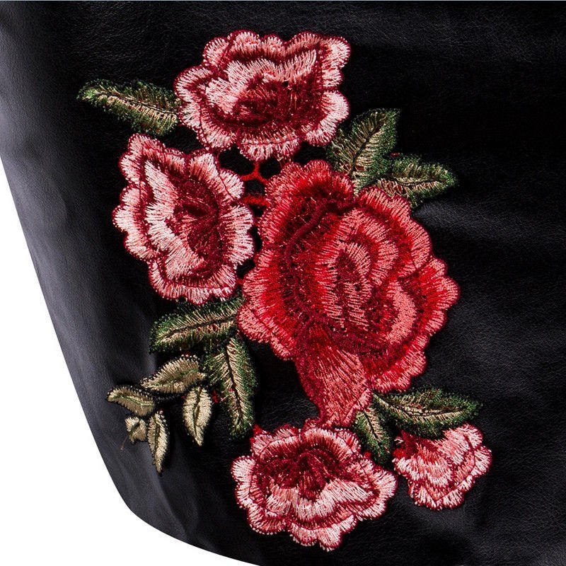 Zwarte leren rok met roos bloemen bodycon mini pencil, Maat 38/40 (M), Verzenden, Zwart, Nieuw