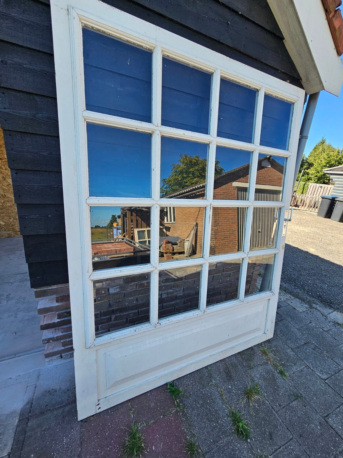 Houten schuifpui enkelglas schuifdeur incl bijhorende reels, Ophalen, Gebruikt, 150 tot 225 cm, Inclusief glas