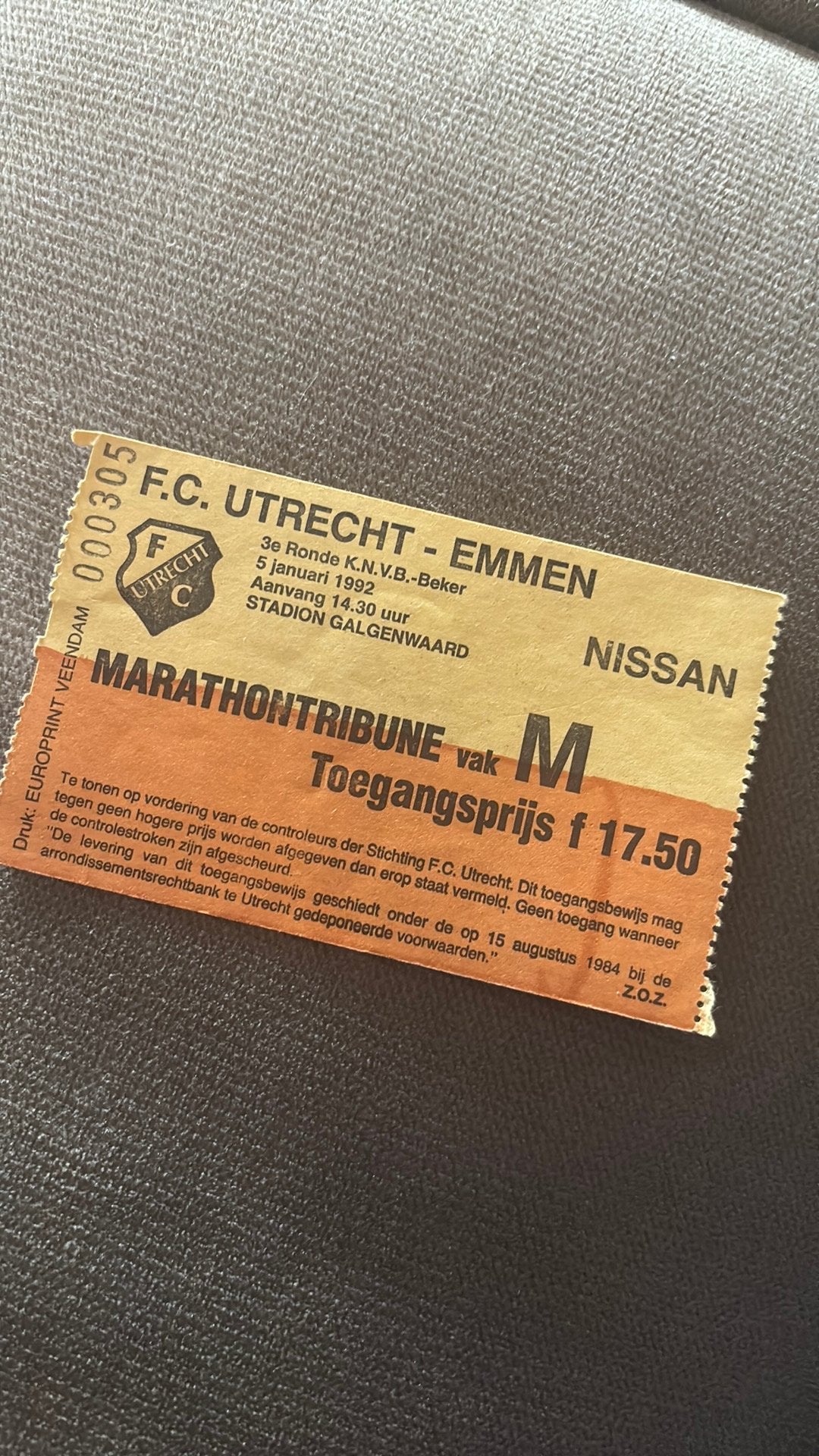 Oud stadionticket utrecht fc emmen 1992 knvb beker, Ophalen of Verzenden, Zo goed als nieuw, Overige typen