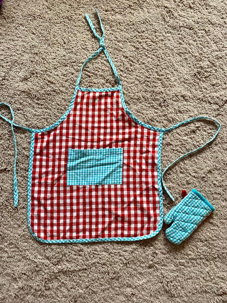 Kinder schort en ovenwant set - Rood/wit.Nieuwstaat, Ophalen of Verzenden, Zo goed als nieuw