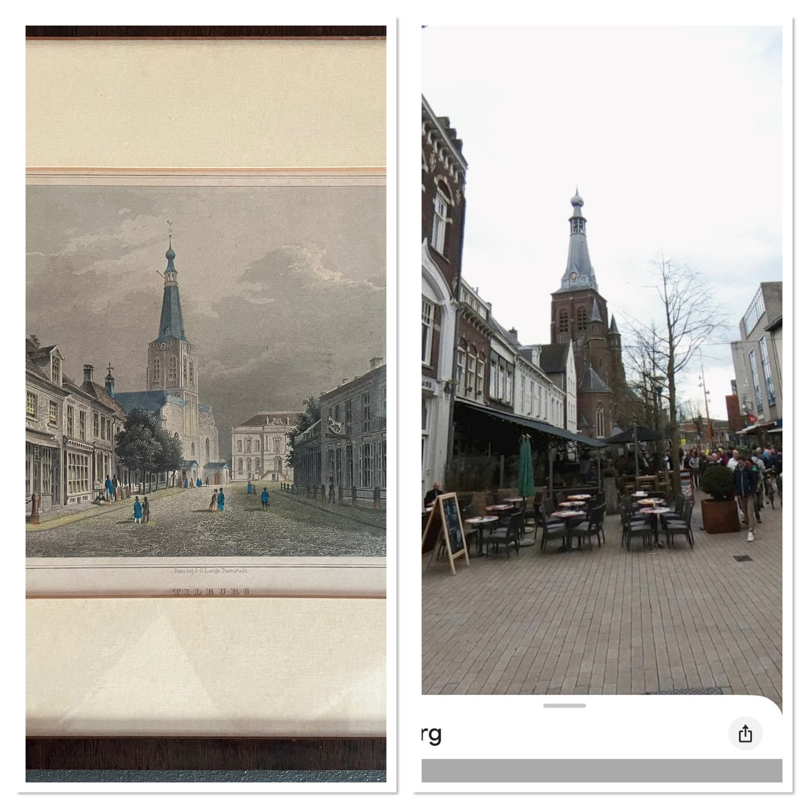 Origineel en authentiek Gravure Tilburg Oude Markt 1850, Handgekleurd, 1800 - 1899, Stadsgezicht, Ophalen of Verzenden