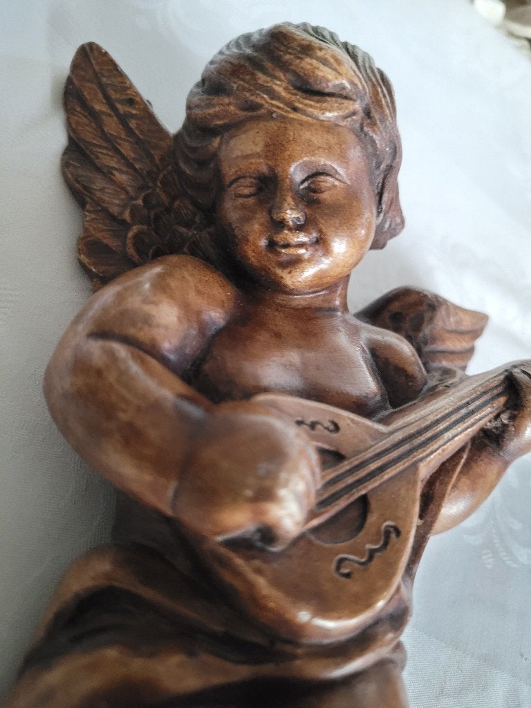Gipsen wandornament Putti met muziekinstrument, Gips, Ophalen of Verzenden, Wanddecoratie, 20 - 50 cm