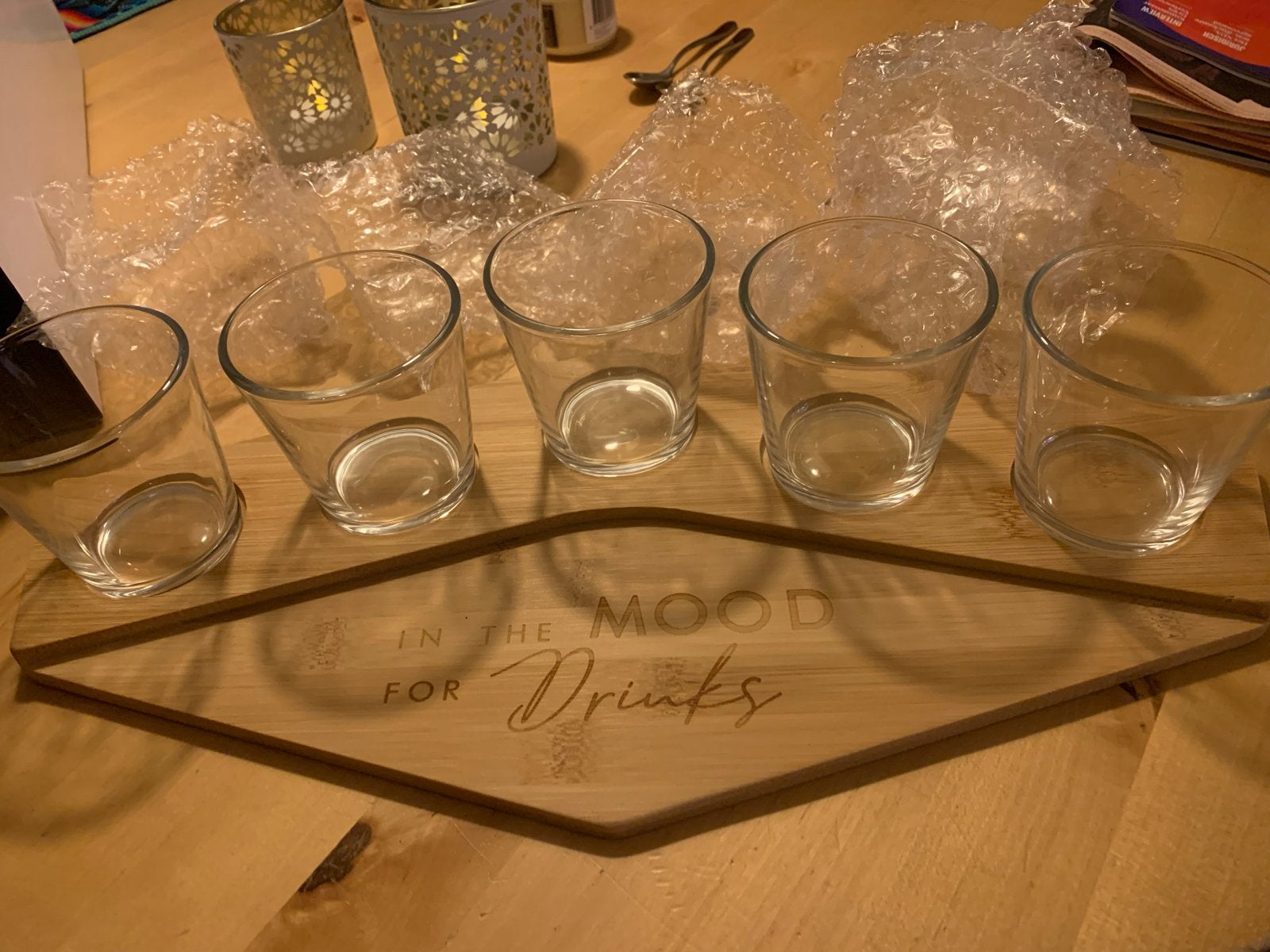 JENS Living Proefbord MOOD FOR DRINKS met 5 glaasjes, Overige typen, Hout, Nieuw, Ophalen of Verzenden