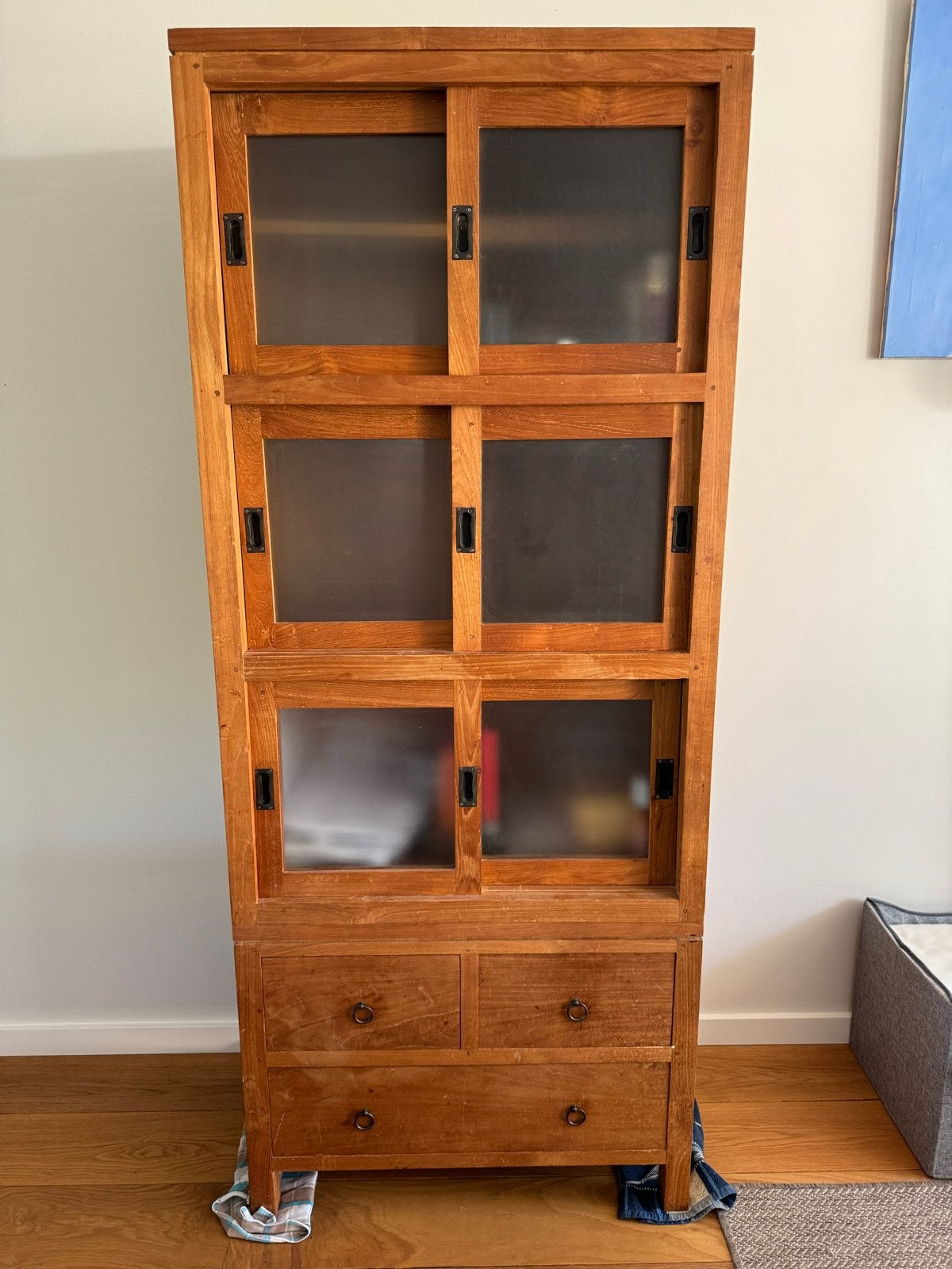 Teak kast met schuifdeuren en lades, Ophalen, Gebruikt, Teakhout, 50 tot 100 cm
