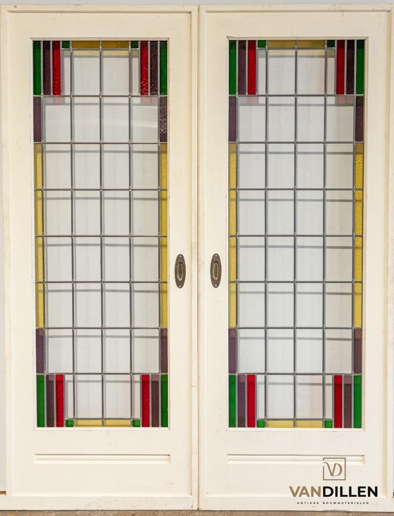 Set antieke ensuite schuifdeuren glas in lood 213.5 x 82, 120 cm of meer, Binnendeur, Ophalen of Verzenden, Zo goed als nieuw