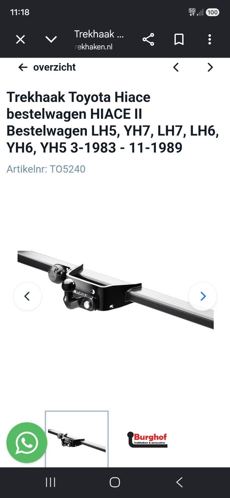 Trekhaak gezocht voor Toyota Hiace LH50 (1985), Ophalen of Verzenden, Gebruikt