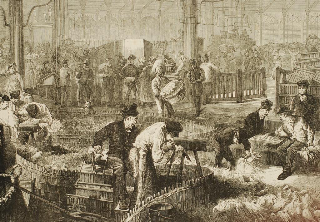 Pluimveemarkt Parijs - Antieke illustratie (1874), Verzamelen, Foto's en Prenten, Verzenden, Voor 1940, Zo goed als nieuw, Dier