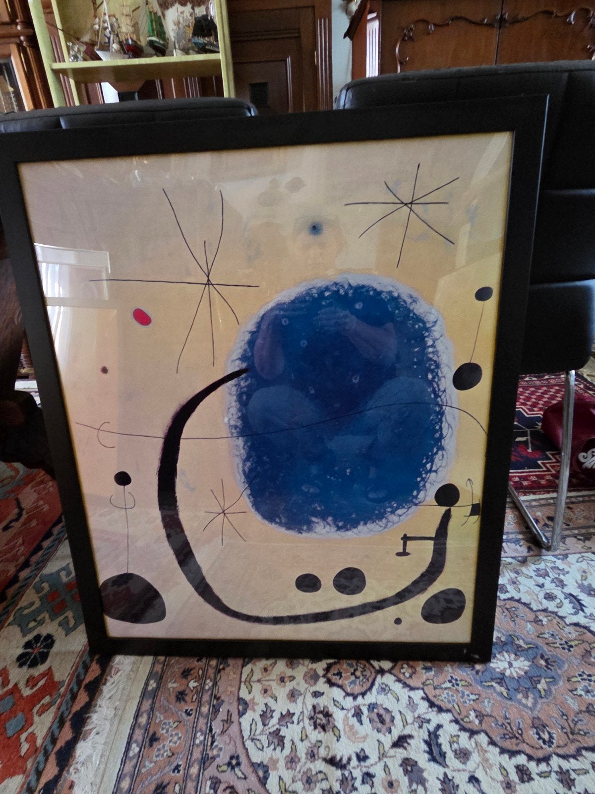 Abstract Kunstwerk in Lijst - Blauwe Bol en Sterren, Ophalen of Verzenden