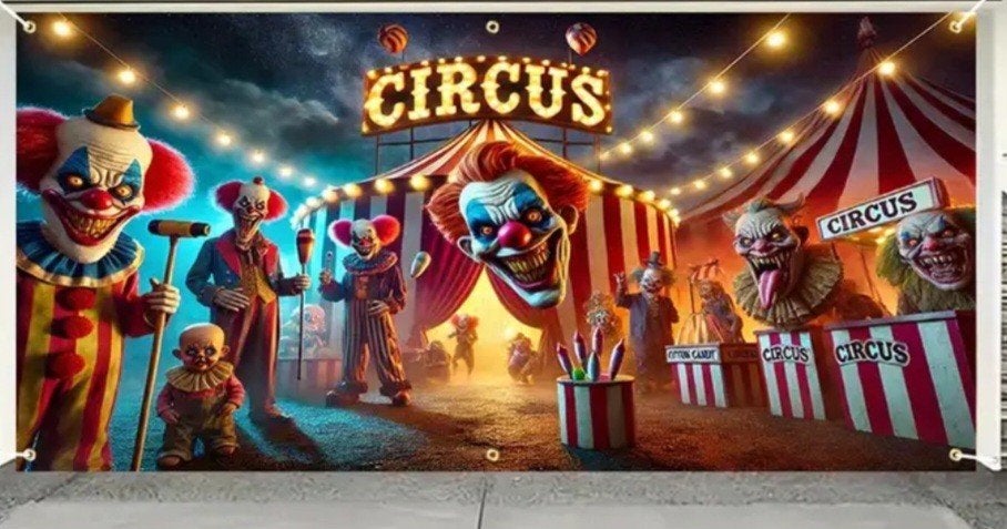 Prachtig groot decordoek griezel horror circus 4 mtr breed, Ophalen of Verzenden