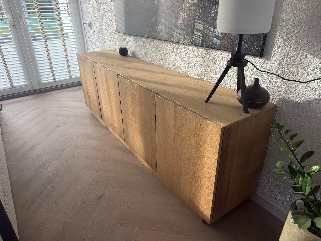 Goossens dressoir massief eiken 220 cm greeploos, Huis en Inrichting, Eikenhout, 200 cm of meer, 25 tot 50 cm, Ophalen