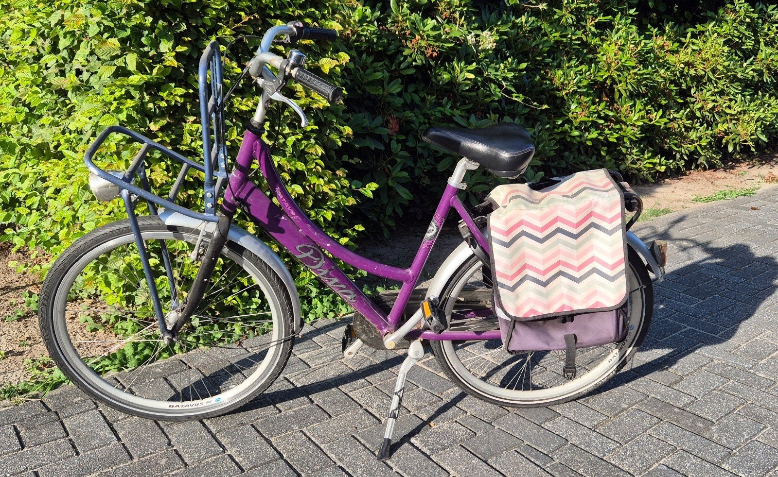 Paarse Batavus meisjesfiets met voordrager en fietstassen, Ophalen, Terugtraprem, Sparta, Gebruikt