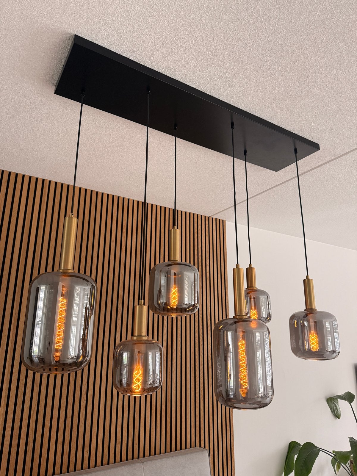 Moderne hanglamp van Lucide met 6 rookglazen kappen, Ophalen, Zo goed als nieuw, Glas, E27 (groot)
