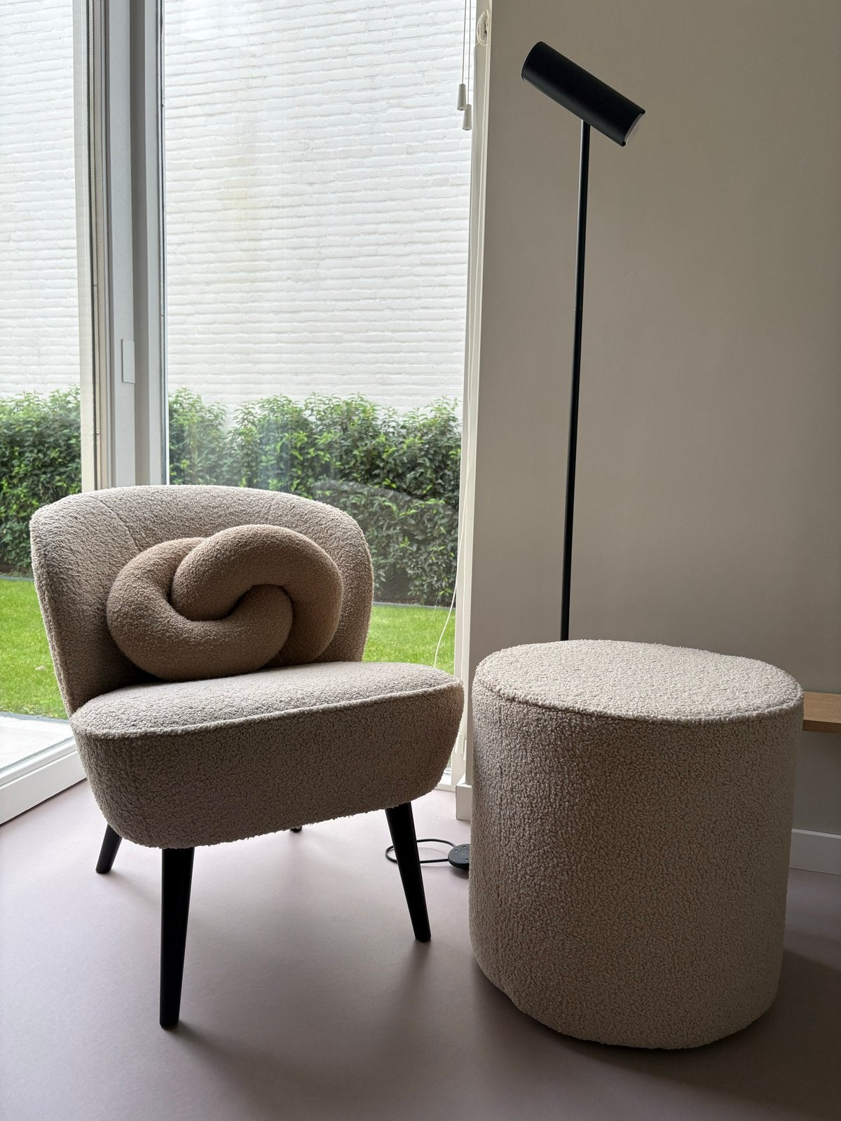 Fauteuil Woood met hocker in teddy stof, Ophalen, Overige kleuren, Zo goed als nieuw, Eén