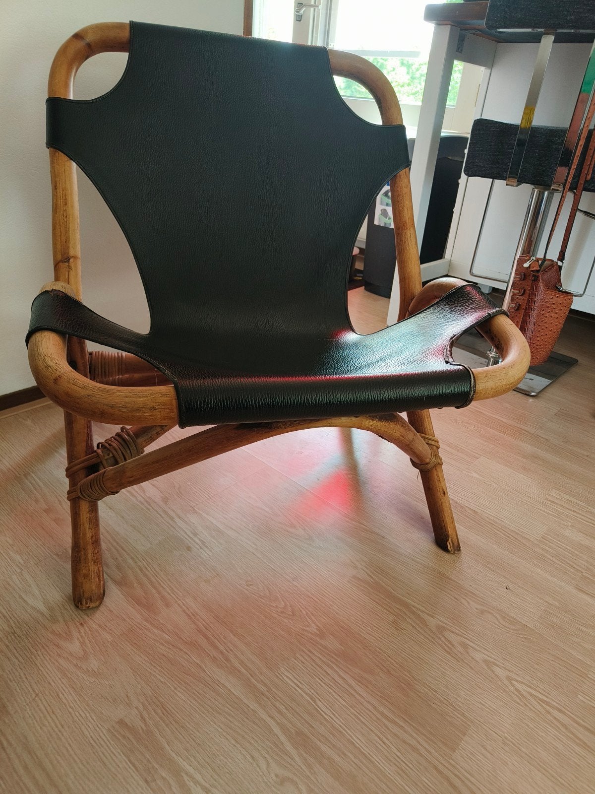 Vintage design stoel bamboo / tuigleer jaren 60, Ophalen, Overige materialen, Minder dan 75 cm, Zo goed als nieuw