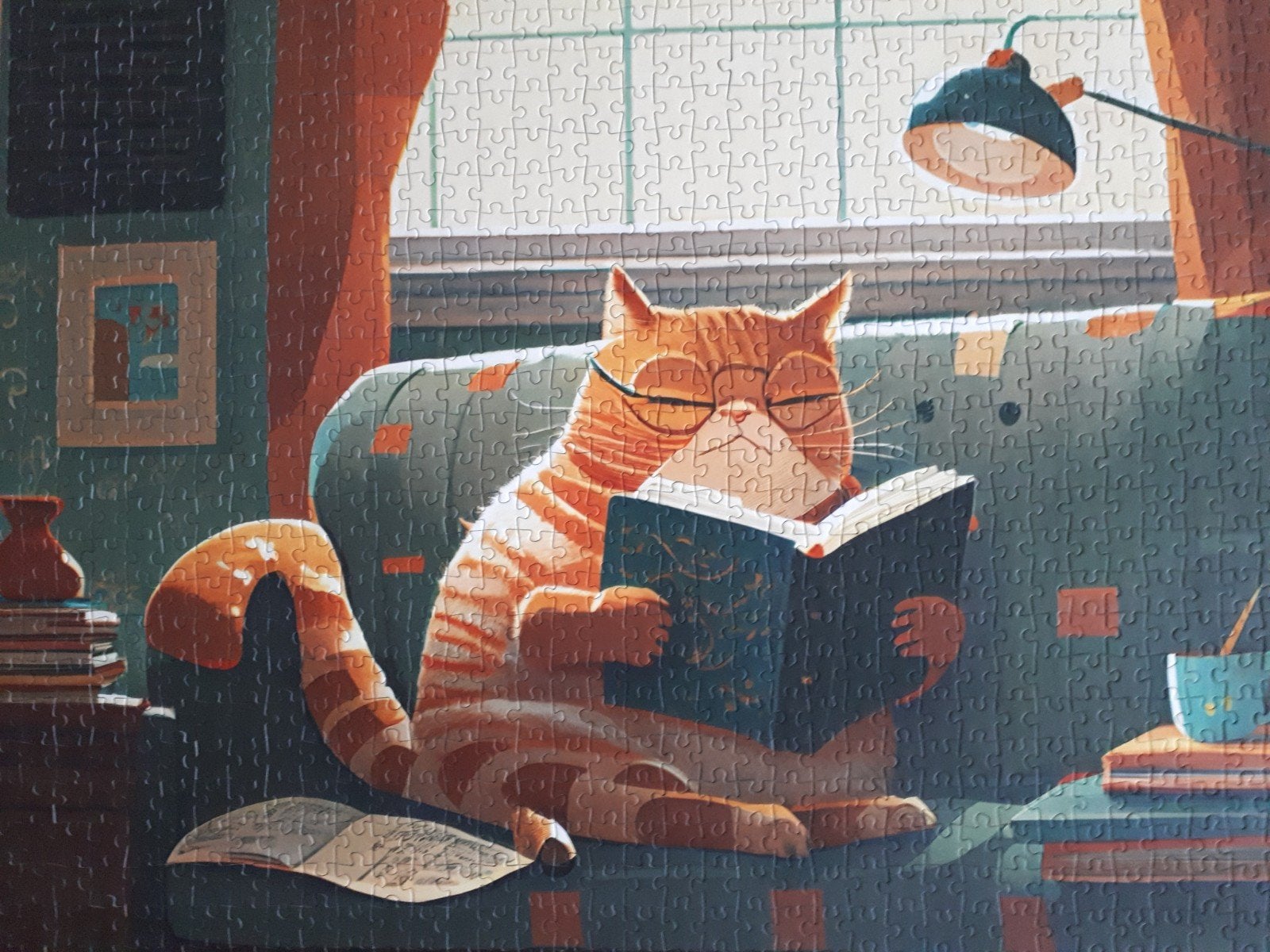 YAZZ 🧡 puzzel CAT & BOOKS zgan 1000 stukjes, Ophalen of Verzenden, 500 t/m 1500 stukjes, Zo goed als nieuw, Legpuzzel