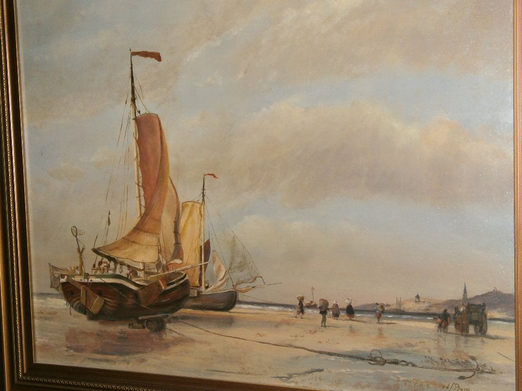 Hollandse meesterwerk c1950 vissers bij bomschuiten V d Berg, Ophalen, Maritiem / water, Doek, Oud hollands