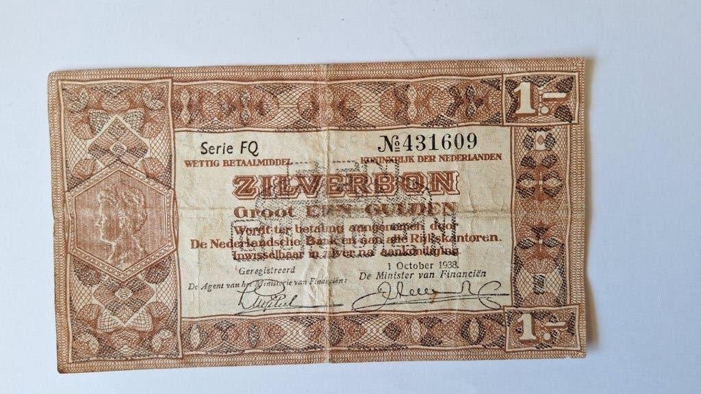 Zilverbon een gulden 1938, Postzegels en Munten, Ophalen of Verzenden, 1 gulden, Los biljet