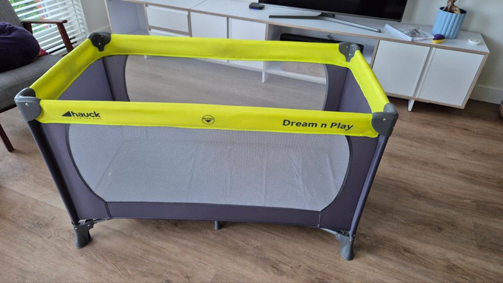Hauck Dream n Play reisbed - Geel/Grijs, Ophalen, Zo goed als nieuw, Rechthoekig