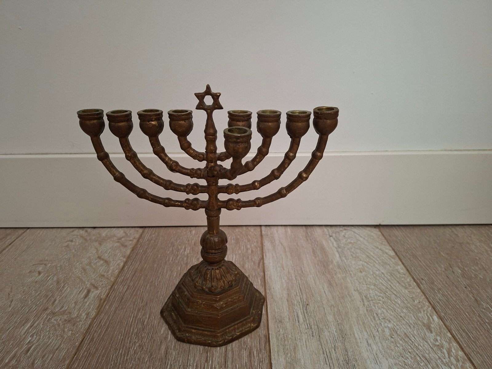 Antieke bronzen Menorah met Davidster, Antiek en Kunst, Ophalen of Verzenden, Koper of Brons
