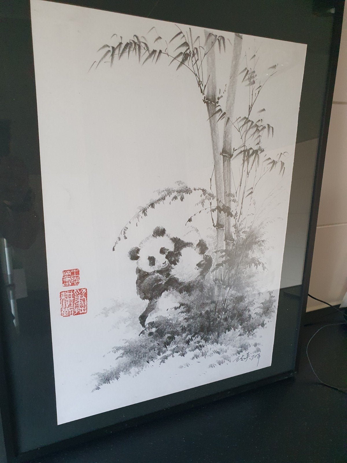 Ingelijste Chinese inkttekening van panda's en bamboe, Ophalen of Verzenden, Tekening, Overige technieken, Ingelijst
