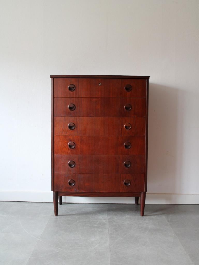 Vintage Deense ladekast in teak, Ophalen, Gebruikt, 5 laden of meer, 100 tot 150 cm