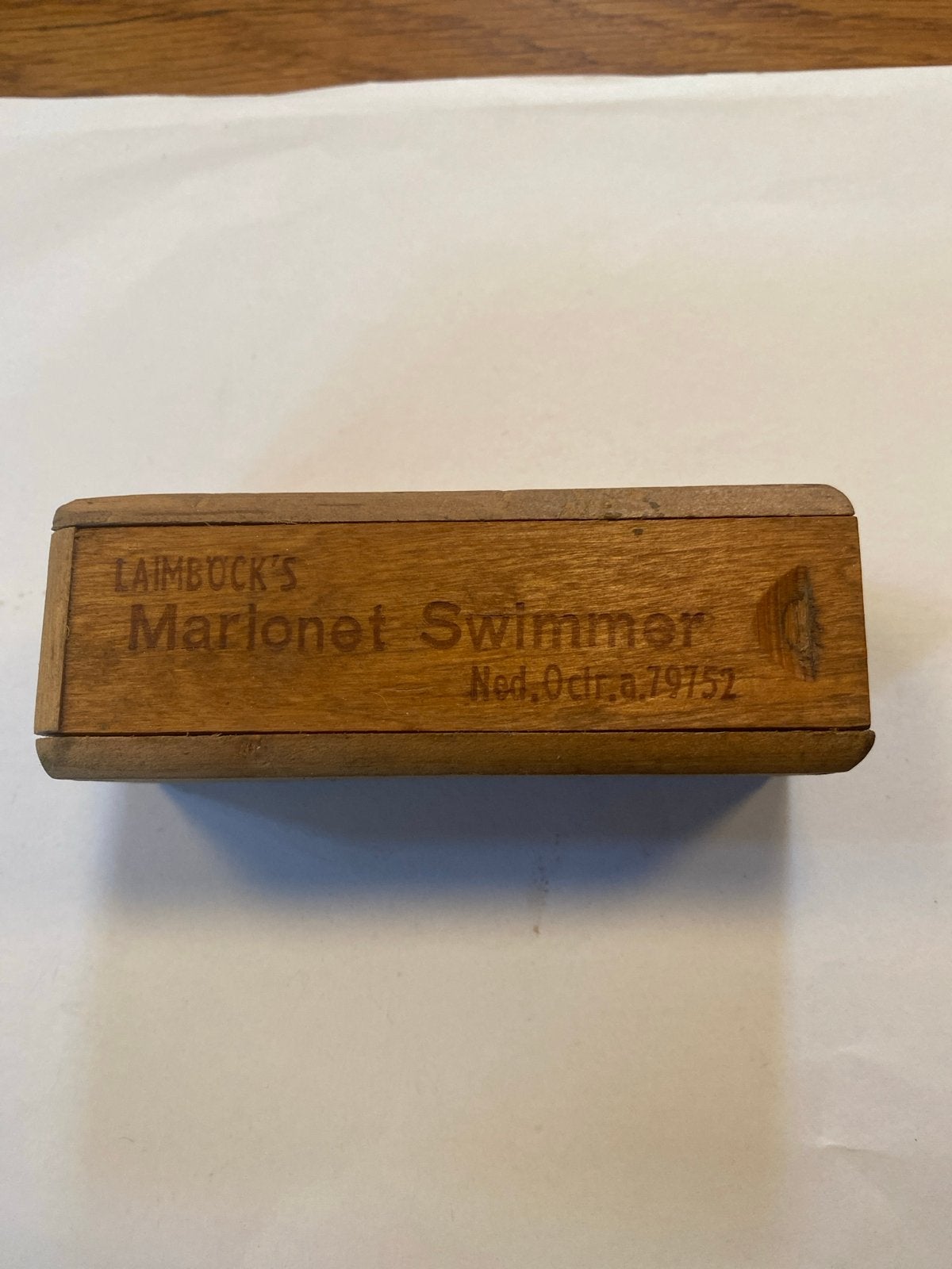 Vintage houten doosje 'Laimbuck's Marionet Swimmer', Ophalen of Verzenden