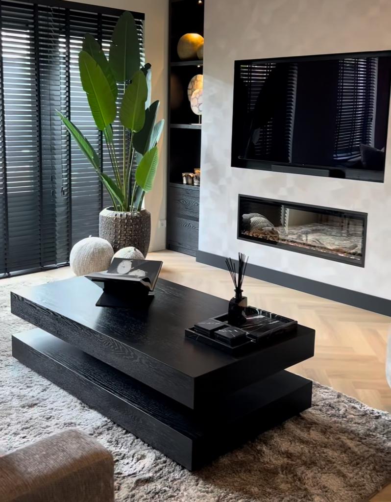 Moderne Zwarte eiken Salontafel van Dubbelman design, Huis en Inrichting, Tafels | Salontafels, Ophalen, 100 tot 150 cm, 50 tot 100 cm