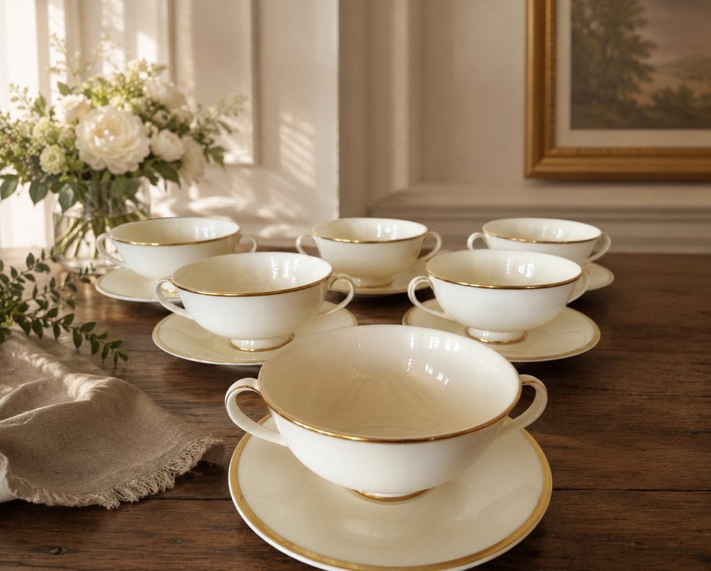 Royal Doulton 6 soepkommen met onderschotel heather romance, Klassiek, Ophalen of Verzenden, Zo goed als nieuw, Kom(men)