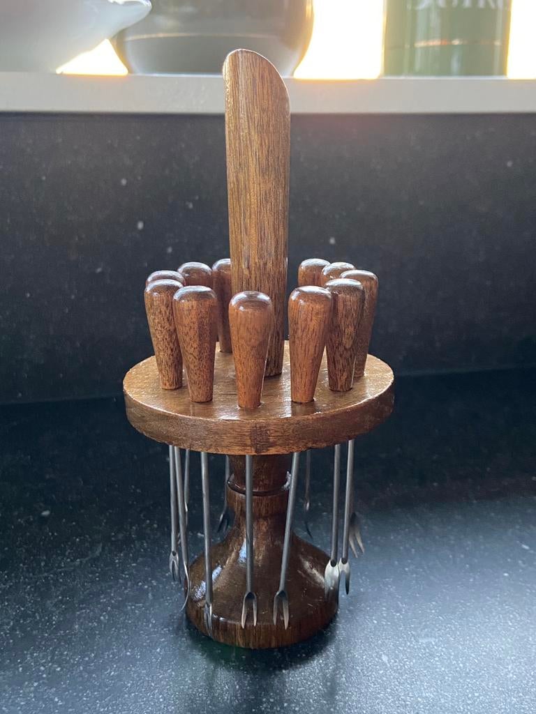 Vintage cocktailprikker houten setje 12 vorkjes scherp retro, Ophalen of Verzenden