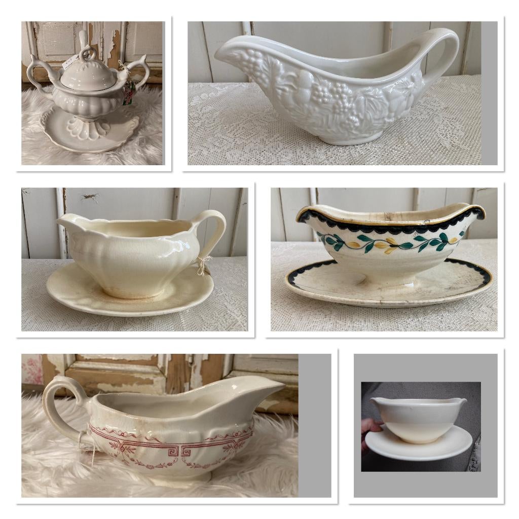 3x Brocante oude juskom - sauciere - justerrine / 2 x Regout, Ophalen of Verzenden
