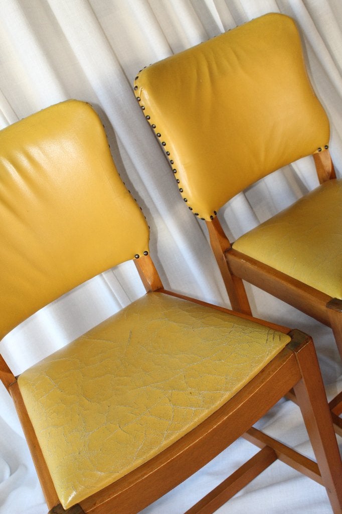 Vintage Stoelen 4 Stuks Eetkamerstoelen Geel Midcentury, Gebruikt, Overige kleuren, Vintage, Midcentury, Deens, Hout
