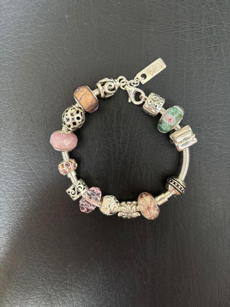 BIBA bedel armband 14 zilver roze bedels 19cm, Ophalen of Verzenden, Zo goed als nieuw, Met bedels of kralen, Zilver