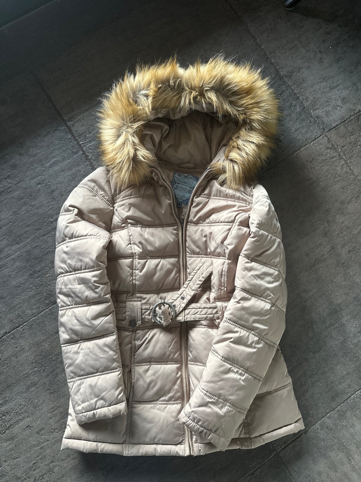 Dames winterjas Dreimaster met bontkraag - Maat L, Ophalen of Verzenden, Gedragen, Maat 42/44 (L), Beige