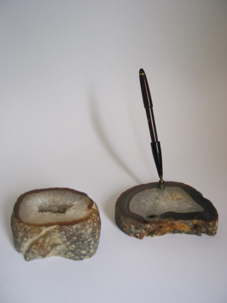 Vintage pennenhouder en presse papier, steen geode, agaat?., Antiek en Kunst, Ophalen of Verzenden