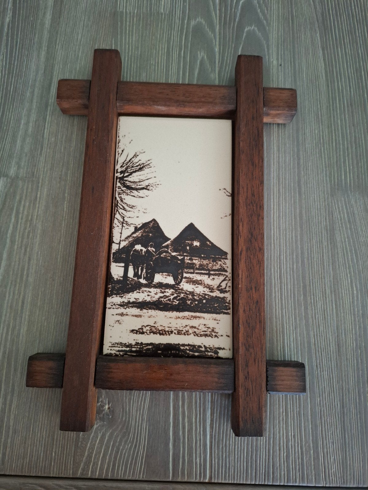 Vintage schilderi houten lijstje Paard & Wagen & Boerderij, Ophalen of Verzenden