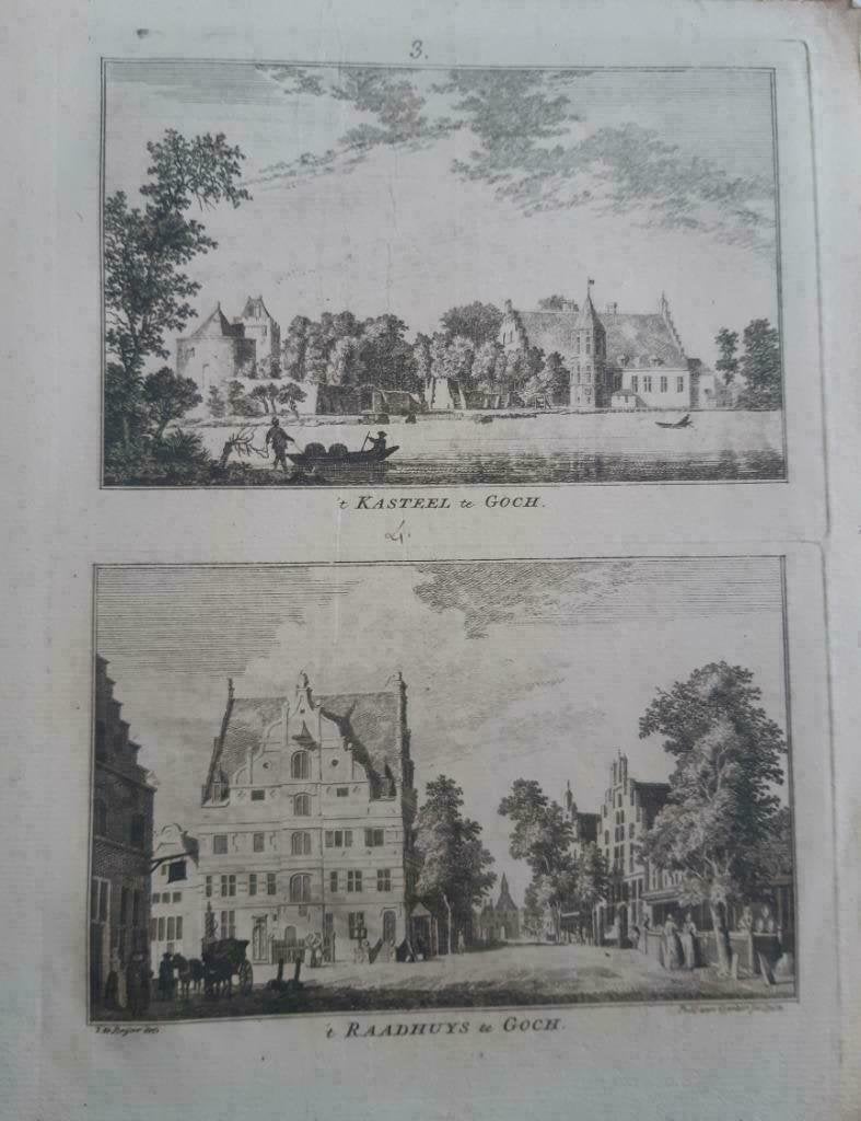 03-04 / Kasteel en raadhuis Goch. kopergravure uit 1792, Ophalen of Verzenden