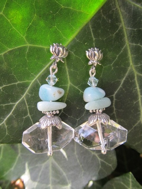 Oorbellen Geraldine bergkristal-amazoniet-swarovski zilver, Sieraden, Tassen en Uiterlijk, Ophalen, Nieuw