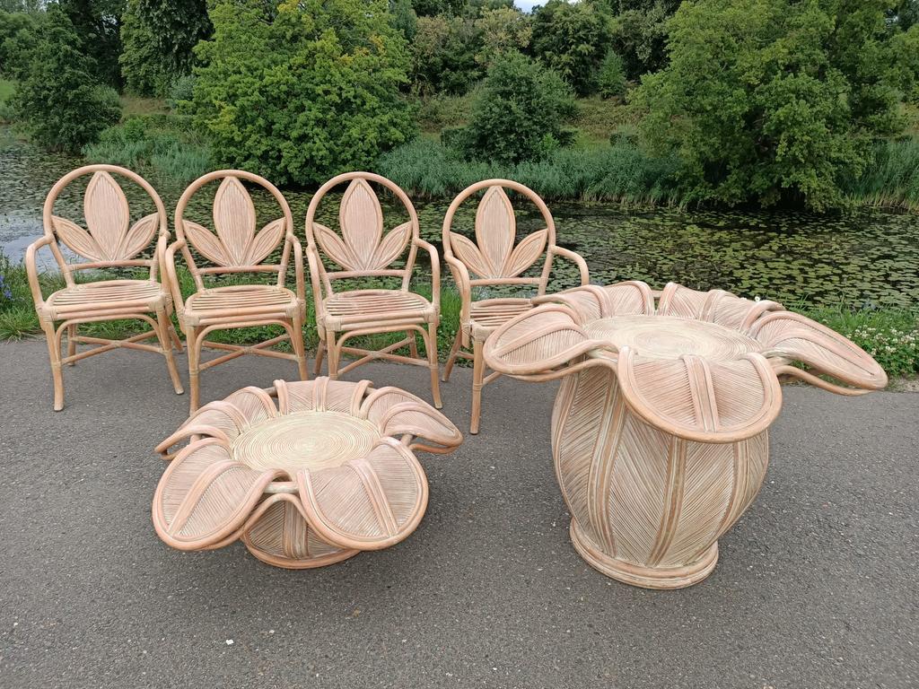Vintage rotan bellflower tafel en stoelen | Vivai del sud, Tuin en Terras, Tuinsets en Loungesets, Ophalen, 4 zitplaatsen, Rotan