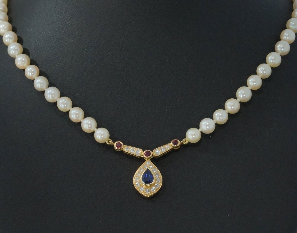 Akoya parel ketting diamant robijn saffier hanger 14k goud, Sieraden, Tassen en Uiterlijk, Kettingen, Voordeelsieraden, Ophalen of Verzenden
