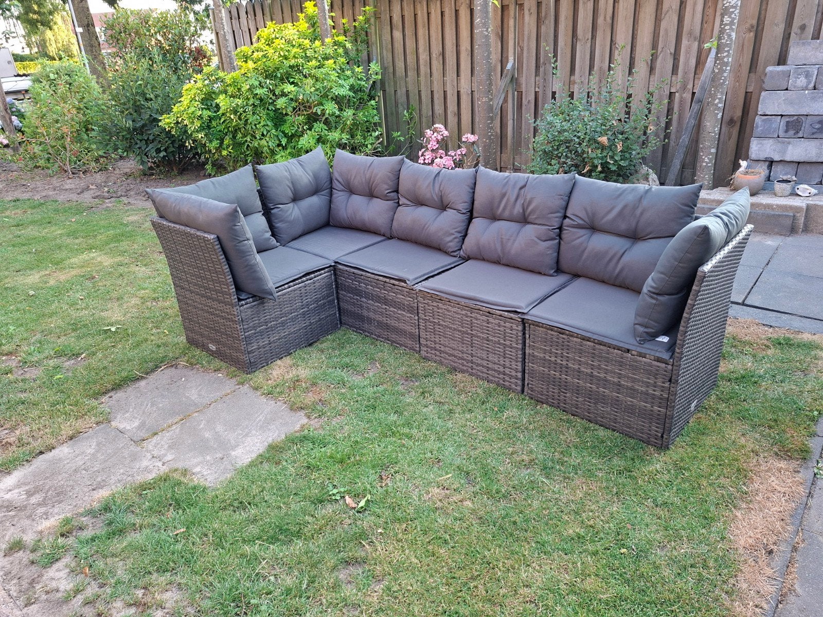 Modulaire Polyrattan Hoekloungeset Bruin-Grijs met Kussens, Ophalen, 5 zitplaatsen, Gebruikt, Loungeset