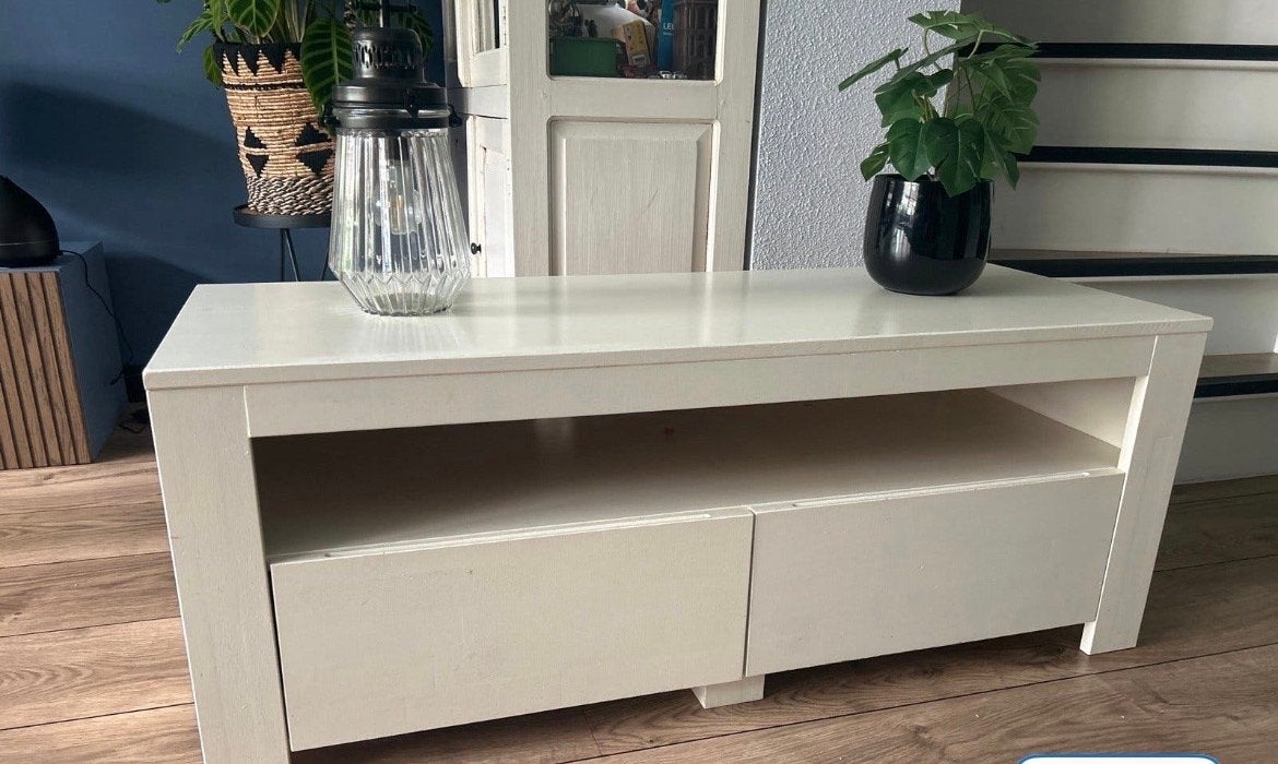 Gratis zware houten witte tv meubel, Gebruikt, 100 tot 150 cm, Ophalen of Verzenden, Minder dan 100 cm
