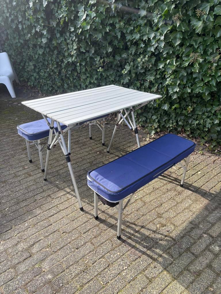 Inklapbare campingtafel met 2 bankjes - Compact & Draagbaar, Ophalen, Gebruikt