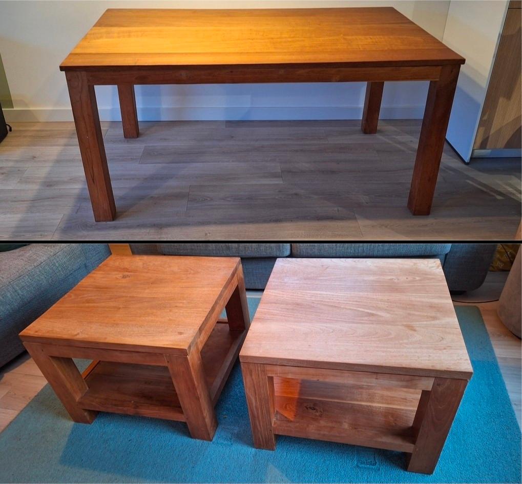 Teak eettafel en twee salontafels, Ophalen, Gebruikt, Teakhout, 50 tot 100 cm