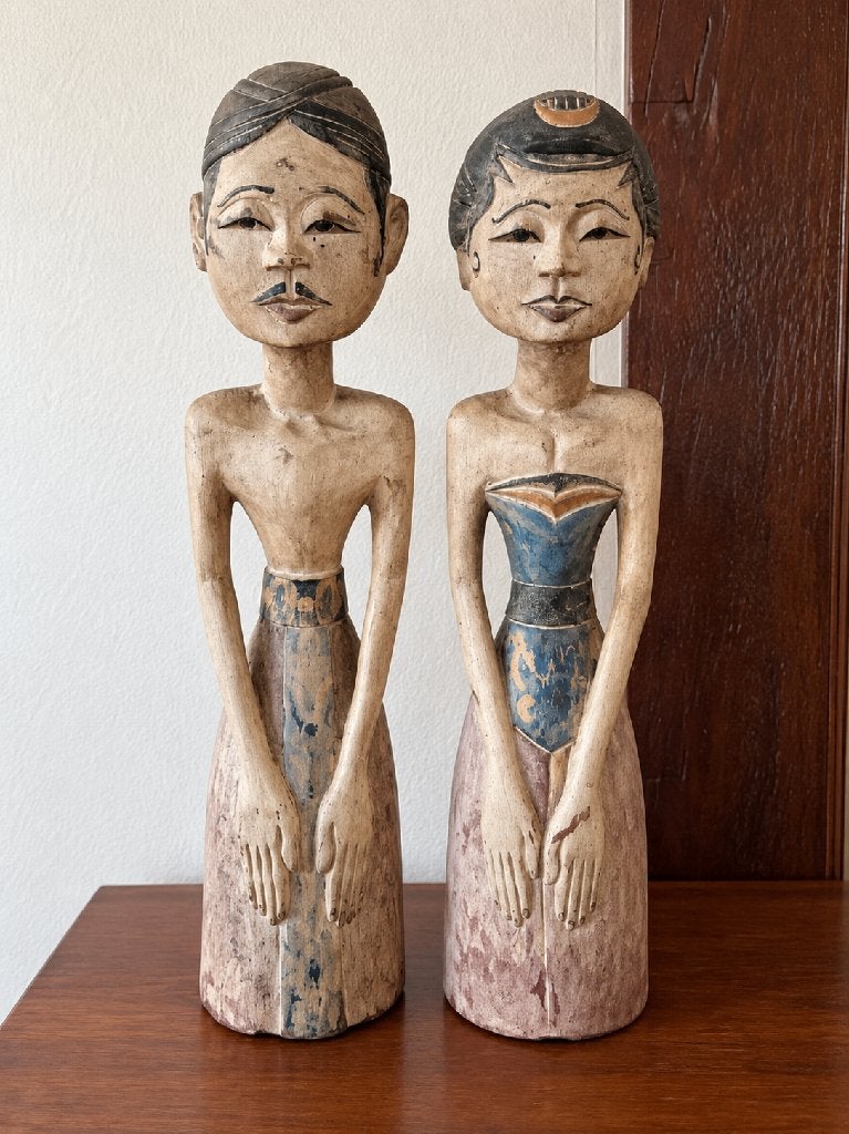 Set houten Indonesische/Javaanse beelden man en vrouw, Ophalen, 20 - 50 cm, Hout, Azië