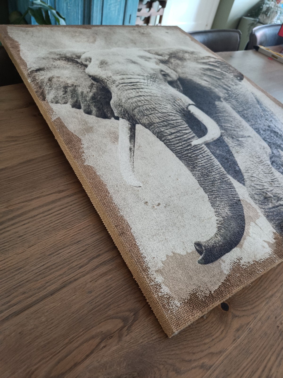mooie wandplaat olifant gemaakt van jute en houten onderkant, Ophalen, 58 cm, Zo goed als nieuw, Natuurlijk materiaal