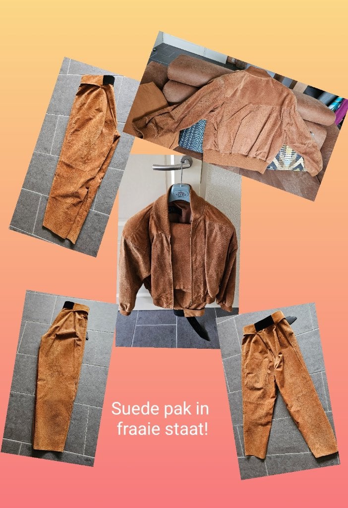 Leren Suede pak, prachtige kleur, fraaie staat, ca. mt M/L, Kostuum of Pak, Bruin, Maat 42/44 (L), Ophalen of Verzenden